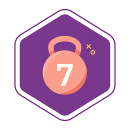 Icon for Seven Days Strong Challenge, pink kettlebell labeled with seven, on purple hexagon