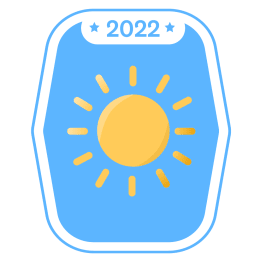 Icon for Rise and Shine Challenge, yellow sun on light-blue weight scale–shaped background with 2022 at the top