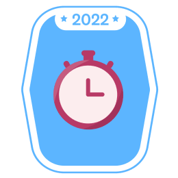 Icon for Ready, Set, Sweat Challenge, red stopwatch on light-blue weight scale–shaped background with 2022 at the top