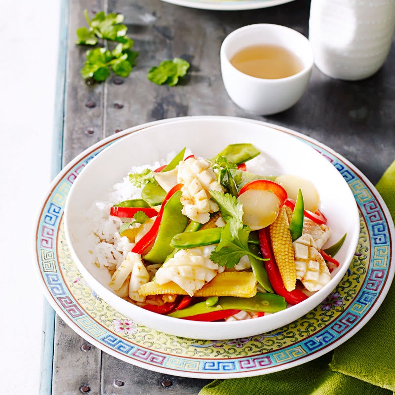 Photo of Snow pea and baby corn stir-fry with seared squid by WW