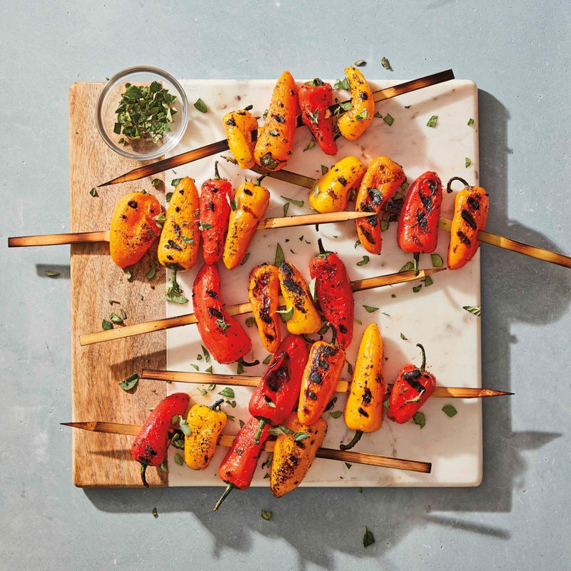 Grilled baby peppers with oregano vinaigrette