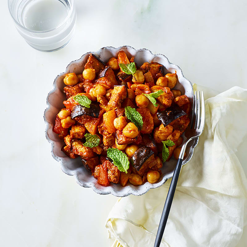 Photo of Moroccan chicken tagine with eggplant, peppers, and chickpeas by WW