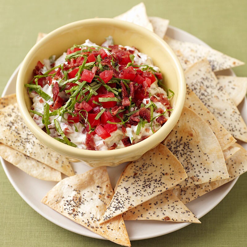 Photo of BLT dip with poppy seed tortilla chips by WW