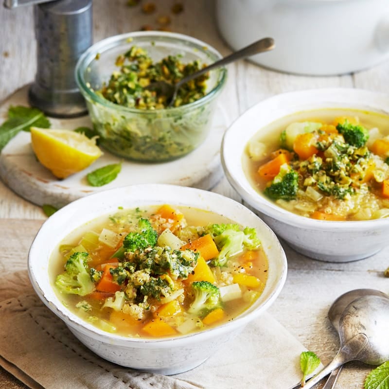 Photo of Quinoa and chunky vegetable soup with pistachio and mint pesto by WW