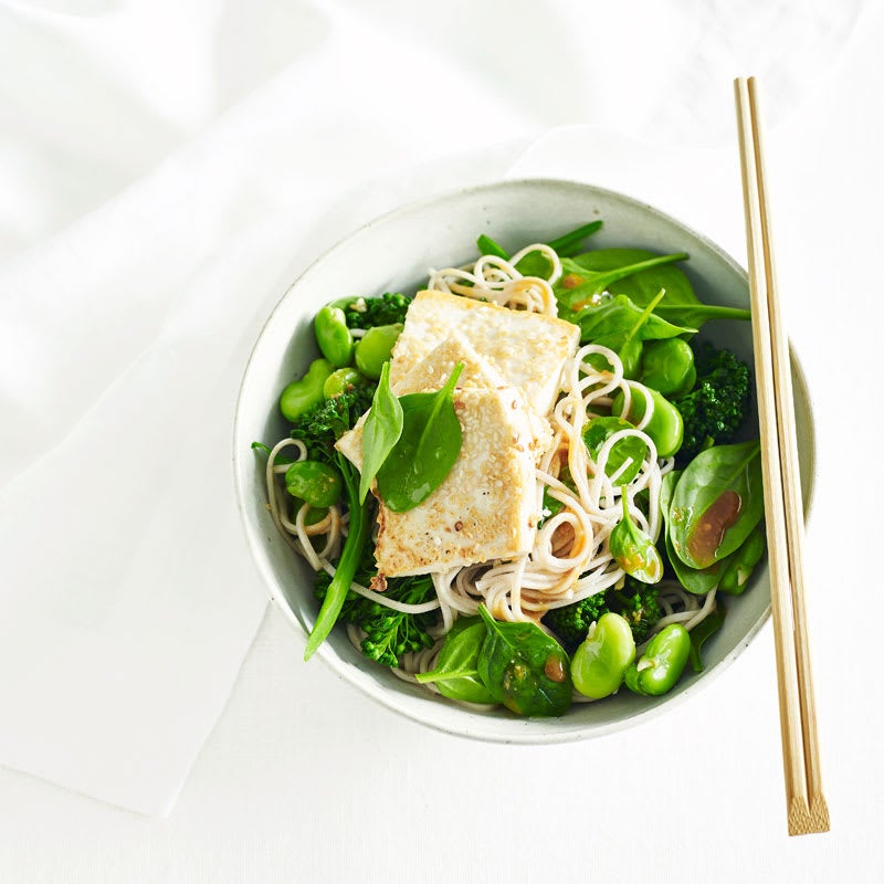 Photo of Miso soba noodles with broccolini, broad beans and sesame tofu by WW