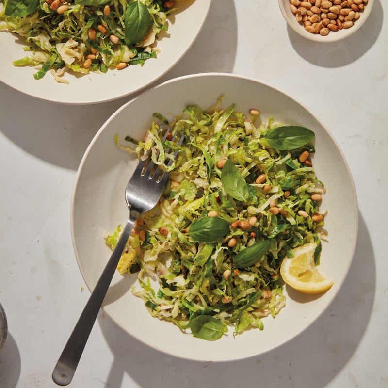 Shredded Brussels sprouts with basil & pine nuts