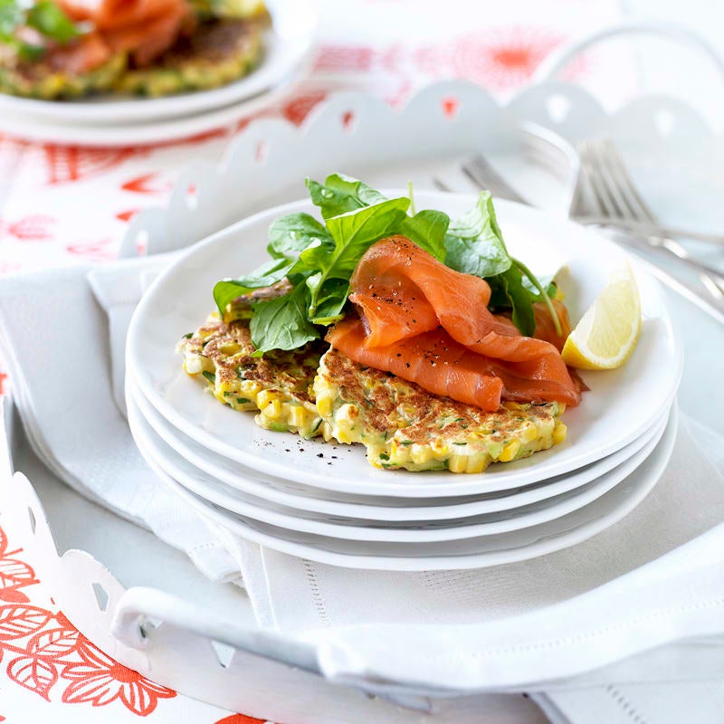 Photo of Sweet corn and coriander fritters with smoked salmon by WW