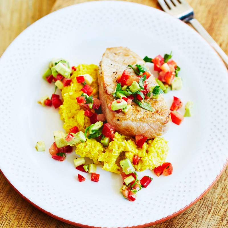 Photo of Pork on fresh creamed corn with avocado and chilli salsa by WW
