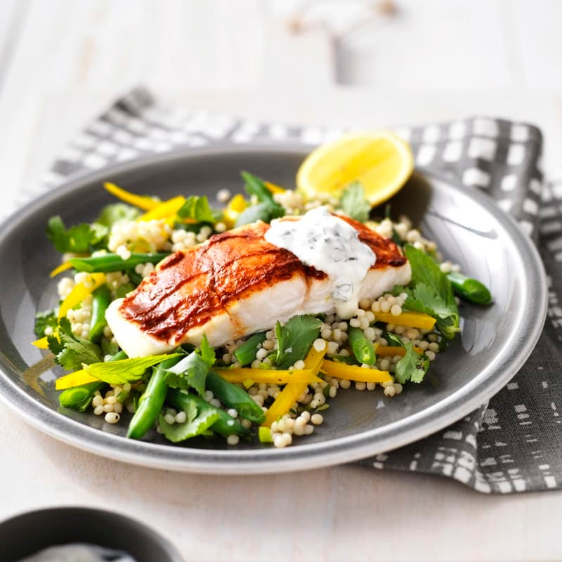 Photo of Harissa fish with pearl couscous and minty yoghurt by WW