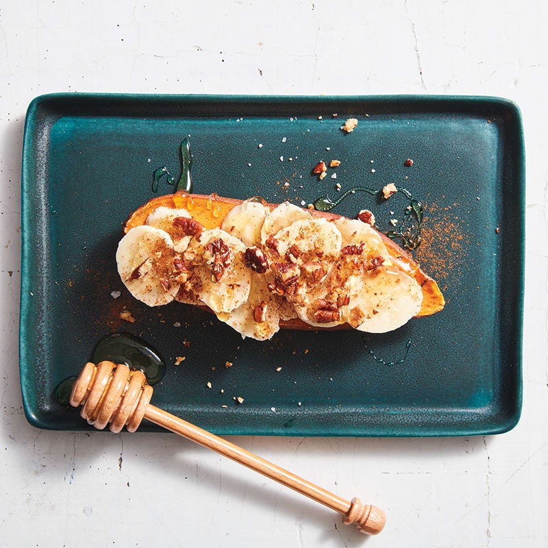 Sweet potato toast with banana, honey, & pecans