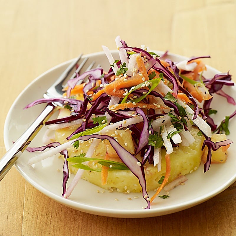 Photo of Asian slaw over sliced pineapple by WW