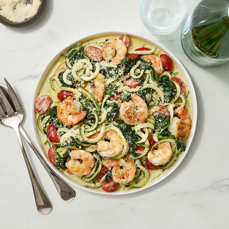 Photo of Creamy pesto zucchini noodles with shrimp and spinach by WW