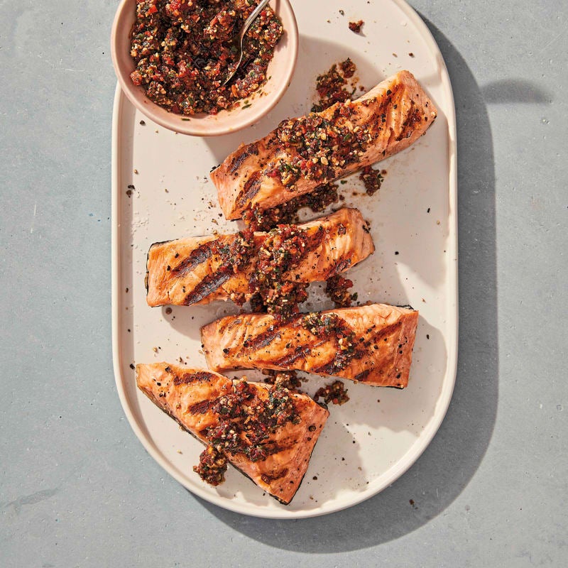 Grilled salmon with quick tapenade