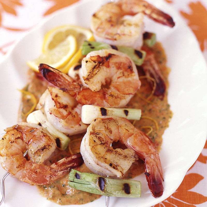 Photo of Shrimp and scallion skewers with creamy grilled pepper sauce by WW