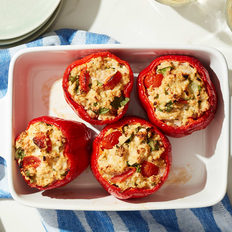 Photo of Cat Cora’s turkey, spinach, and feta-stuffed peppers by WW