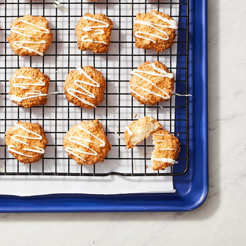 White chocolate–drizzled coconut macaroons