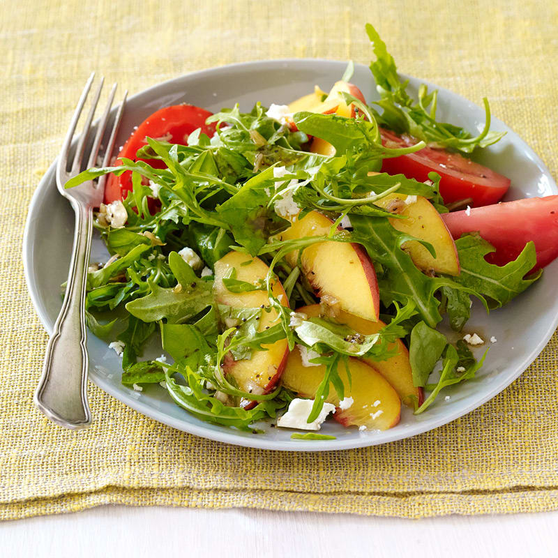 Photo of Peach, basil, and tomato salad with balsamic vinaigrette by WW