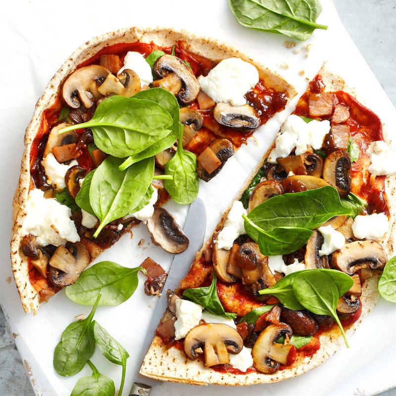 Photo of Mushroom, bacon, caramelised onion and spinach pizza by WW
