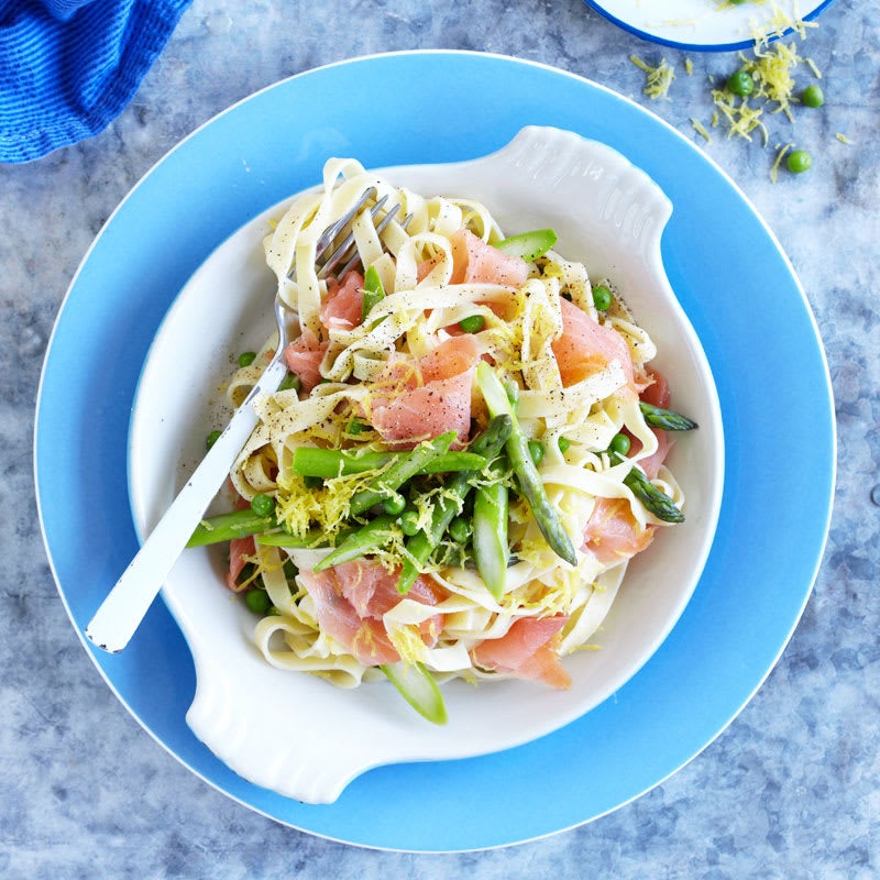 Photo of Spring pasta with asparagus, peas, smoked trout and lemon by WW