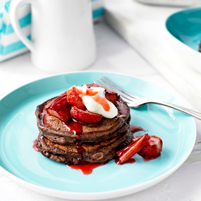 Photo of Chocolate and ricotta pancakes with roasted rhubarb and strawberries by WW