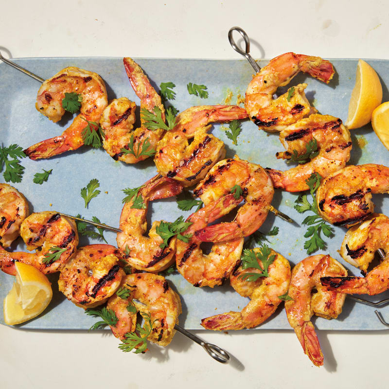 Tandoori-grilled shrimp skewers