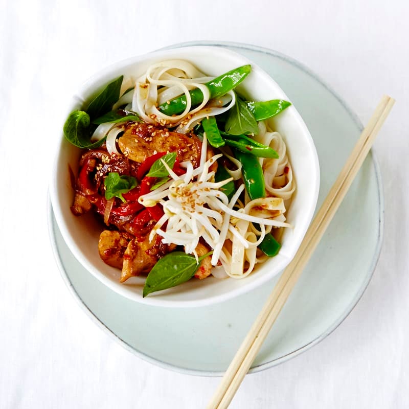 Photo of Stir-fried garlic, chilli and basil chicken with rice noodles by WW