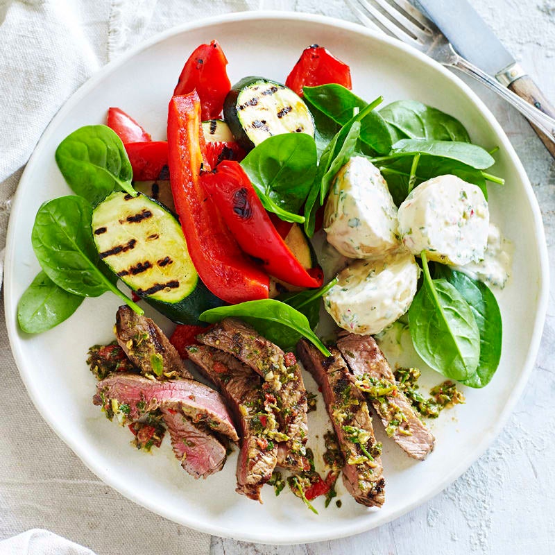Photo of Chimichurri steaks with potato salad and chargrilled vegetables by WW