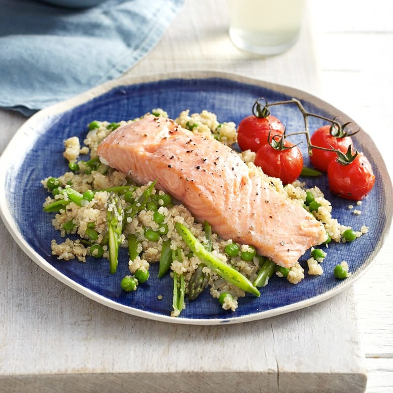Photo of Baked salmon with quinoa, pea and sugar snap pilaf by WW