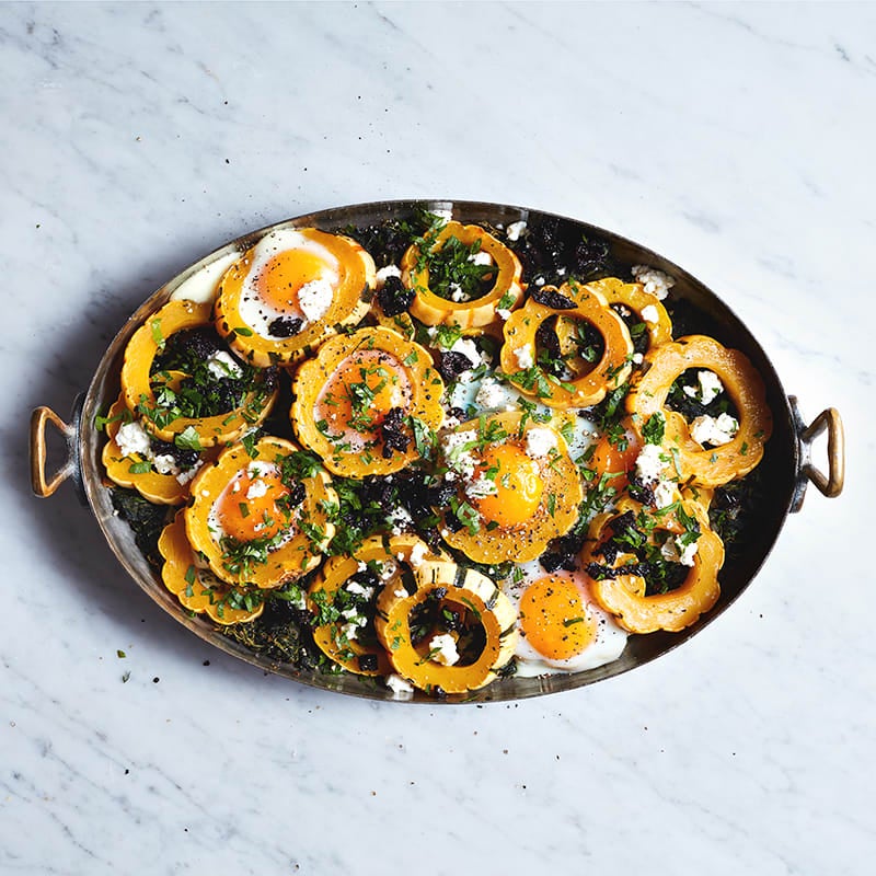 Baked eggs with delicata squash, spinach, and feta