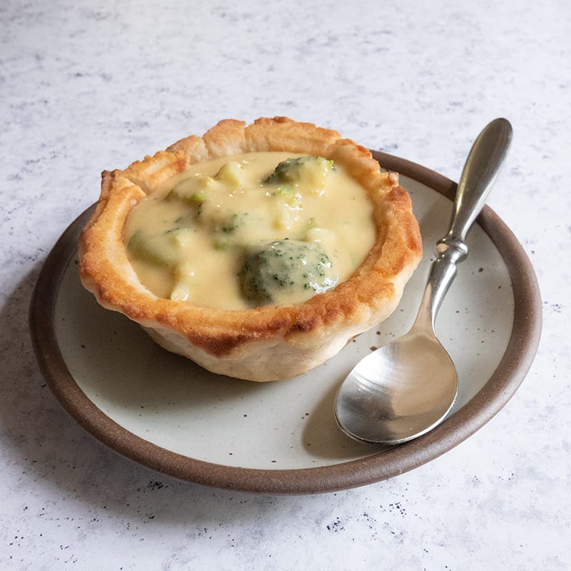Broccoli-cheese soup in biscuit bowls