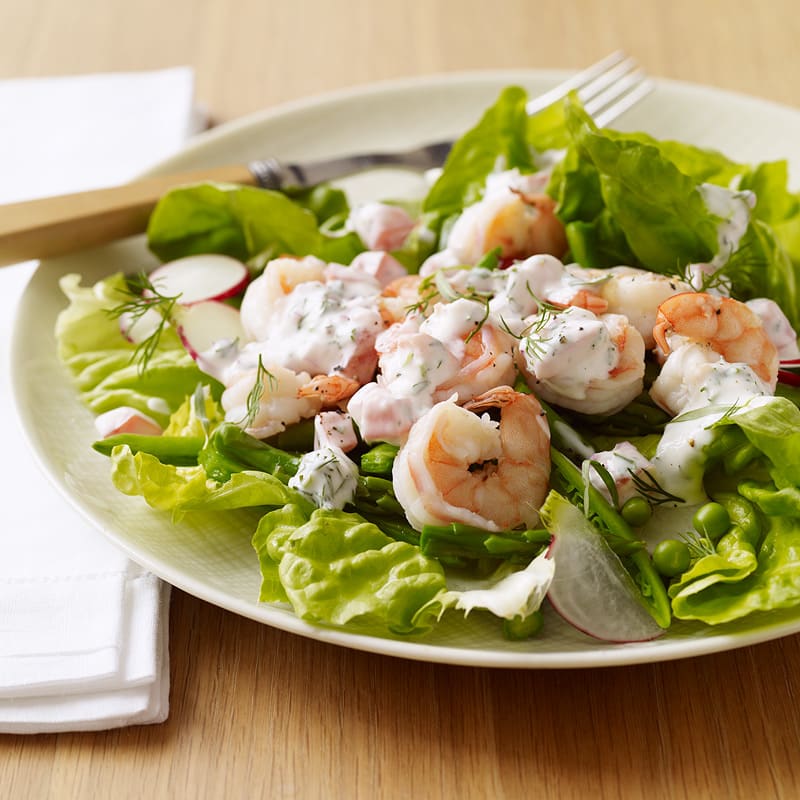 Photo of Shrimp, sugar snap pea and asparagus salad with creamy tarragon dressing by WW