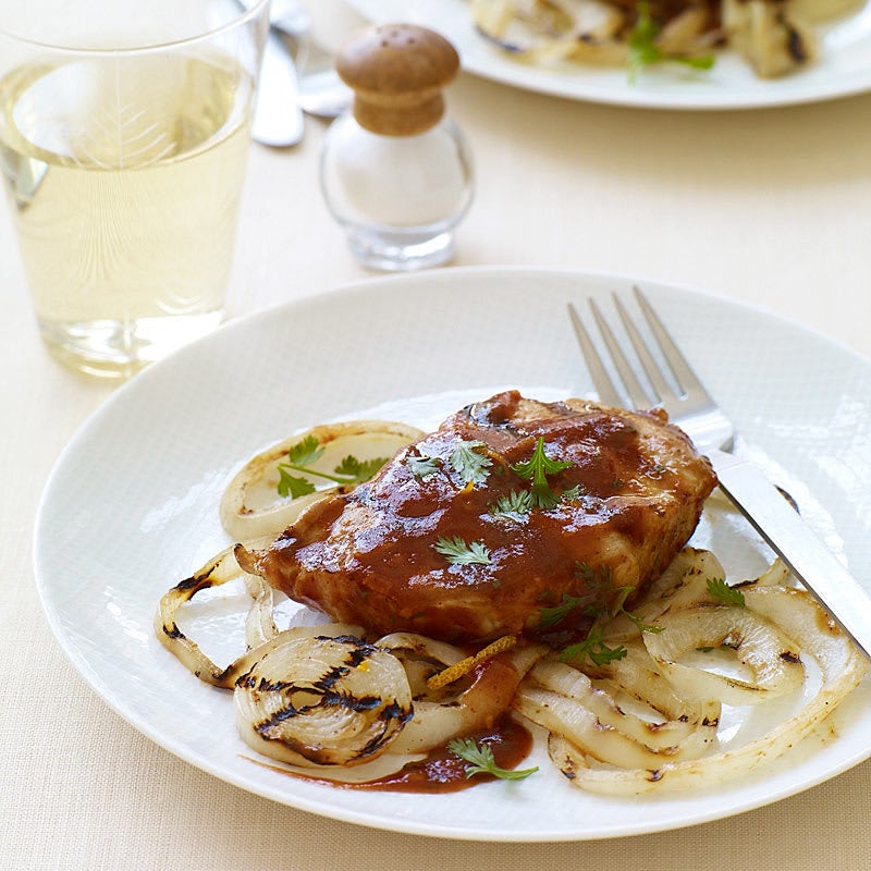 Photo of Orange-chipotle BBQ pork chops with grilled onions by WW