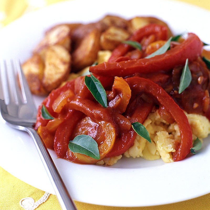 Photo of Scrambled eggs with peperonata sauce and roasted potatoes by WW