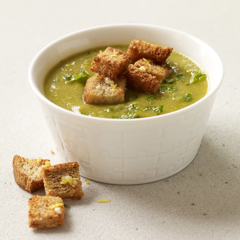 Photo of Creamy Asparagus-Leek Soup with Homemade Croutons by WW
