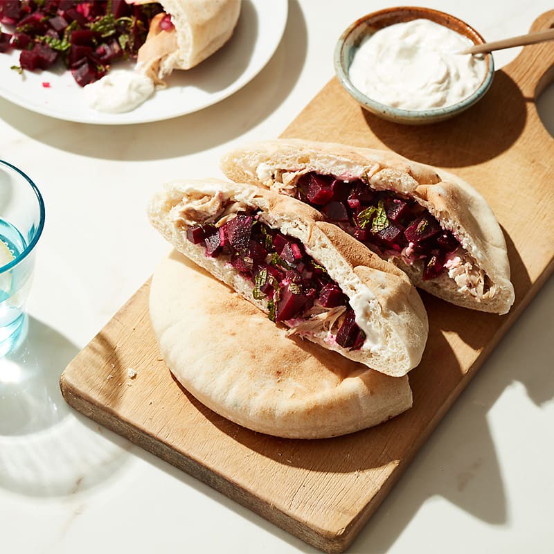Photo of Cat Cora’s chicken gyros with beet salsa and creamy tahini sauce by WW