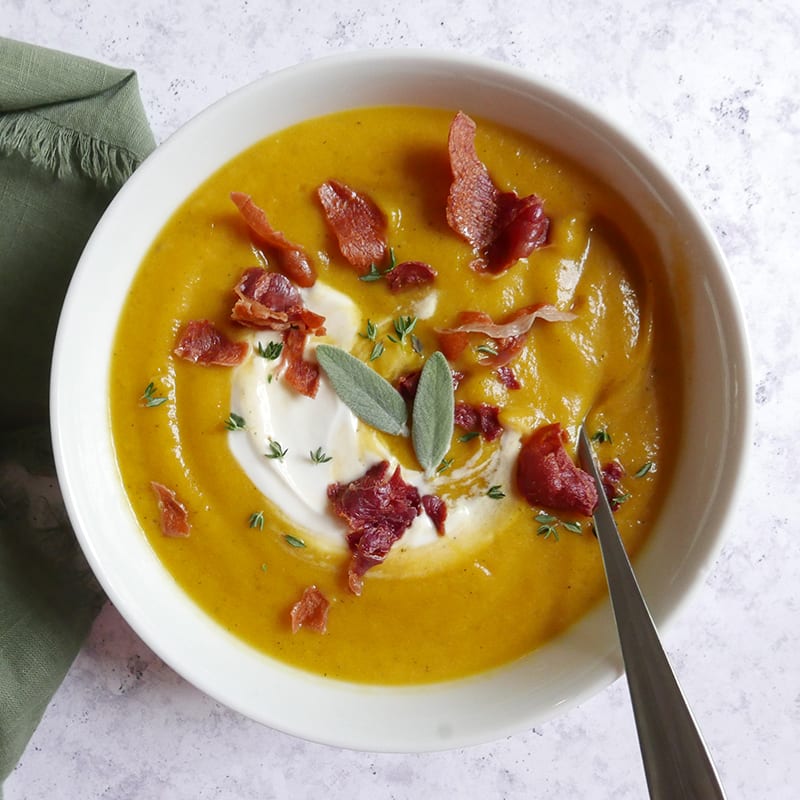 Butternut-beet soup with crispy prosciutto