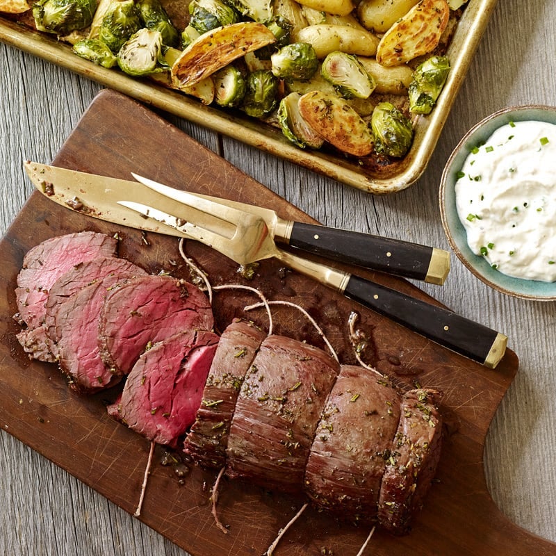 Photo of Beef Tenderloin with Fingerling Potatoes, Brussels Sprouts, and Horseradish-Cream Sauce by WW