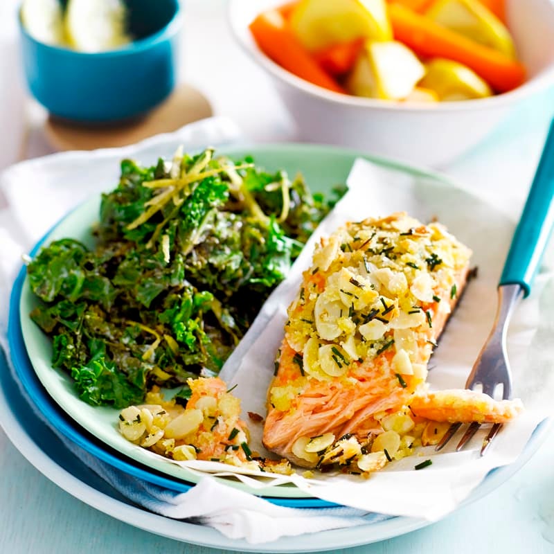 Photo of Almond-crusted salmon with lemon kale by WW