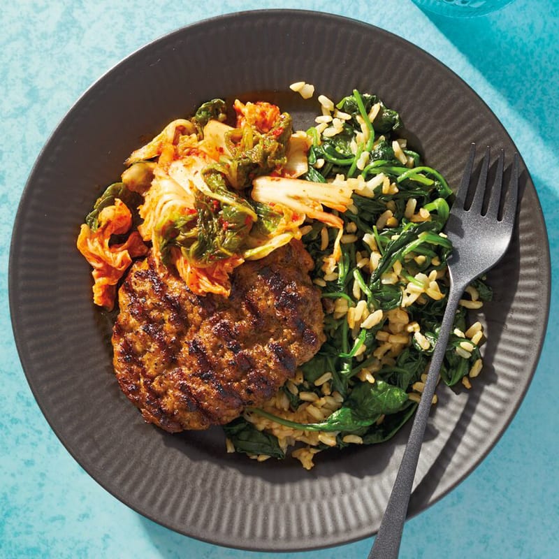 Grilled Pork Patties with Garlicky Rice & Kimchi