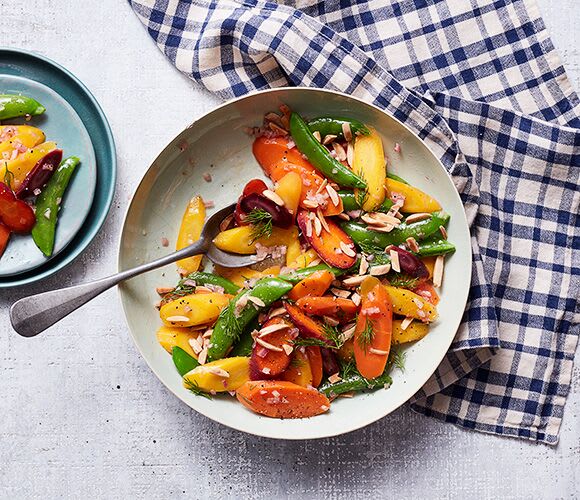 Rainbow carrots and sugar snaps with sherry-dill vinaigrette