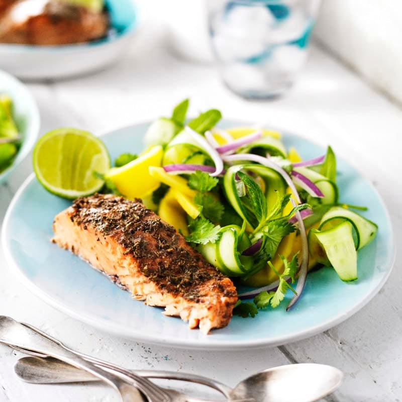 Photo of Barbecued Jamaican jerk salmon with mango and cucumber salad by WW
