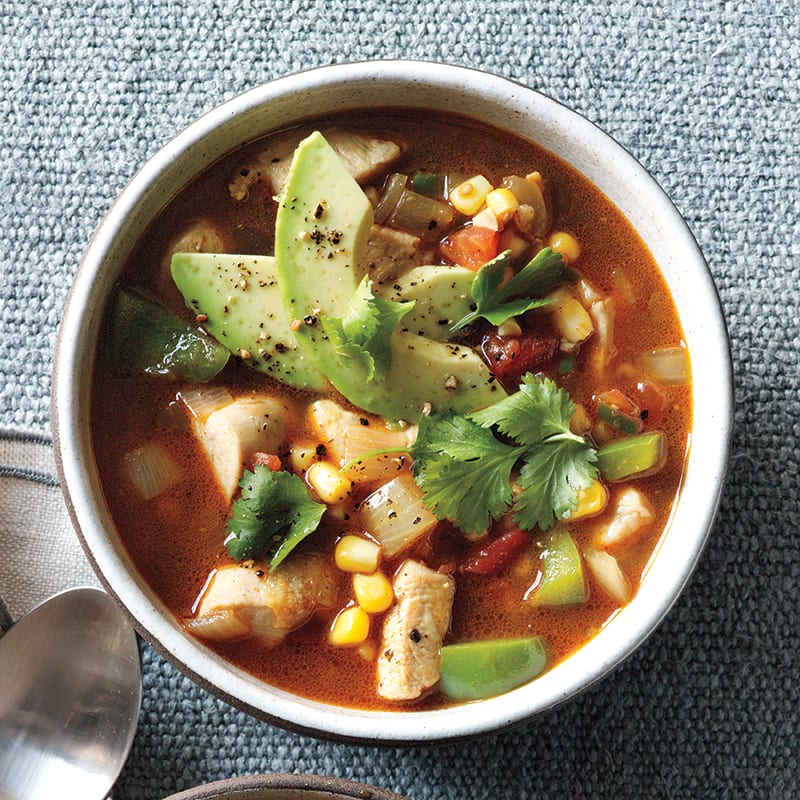 Chicken and vegetable soup with avocado