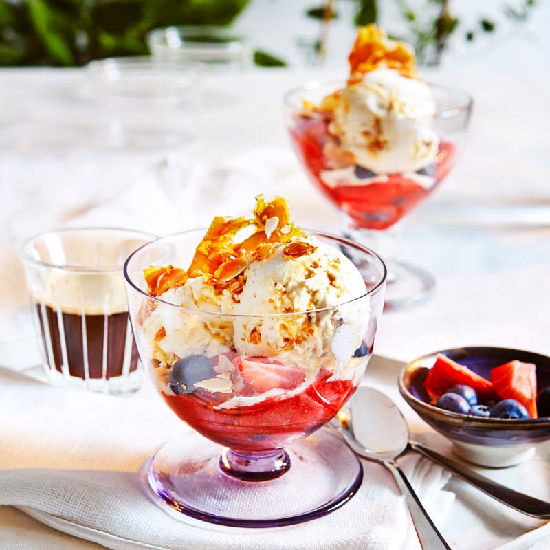 Photo of Cheat’s vanilla and almond praline ice-cream with strawberry coulis by WW