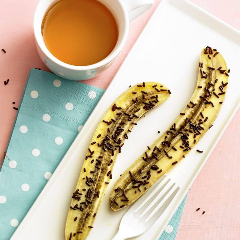 Photo de/du Banane, vermicelles en chocolat fondus et café par WW