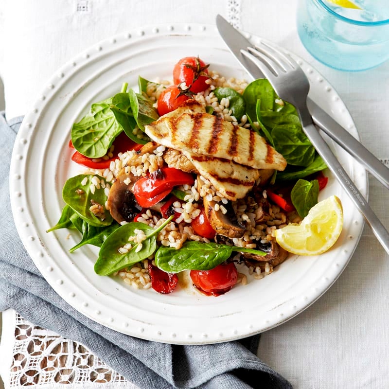 Photo of Chicken breast, brown rice and spinach salad by WW
