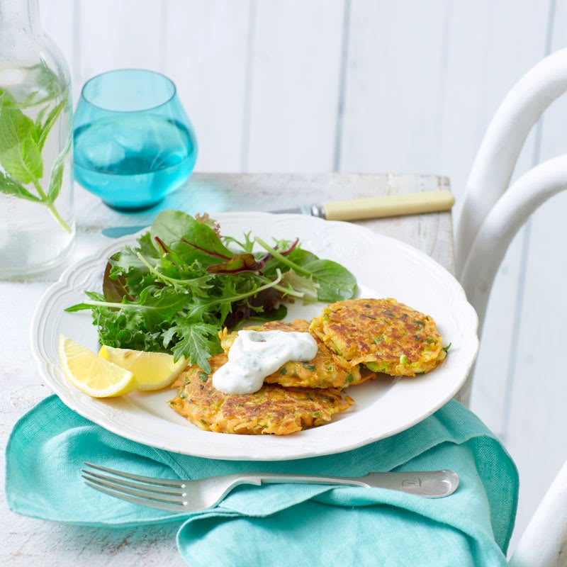 Photo of Sweet potato and haloumi fritters with yoghurt dressing by WW