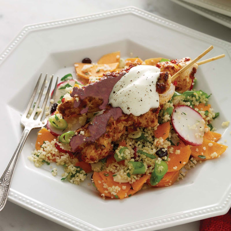 Photo of Harissa chicken skewers with couscous salad by WW