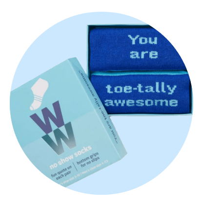 WW Blue Unisex No Show Grip Socks, which say "You are totally awesome." Socks available at the WW Shop