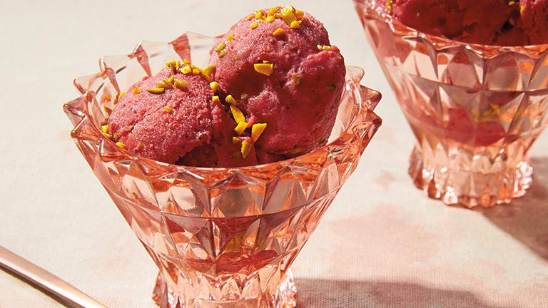 ice cream bowls filled with strawberry sorbet