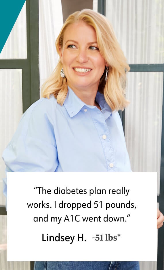 The diabetes plan really works. I dropped 51 pounds, and my A1C went down. Lindsey H. -51 lbs*
